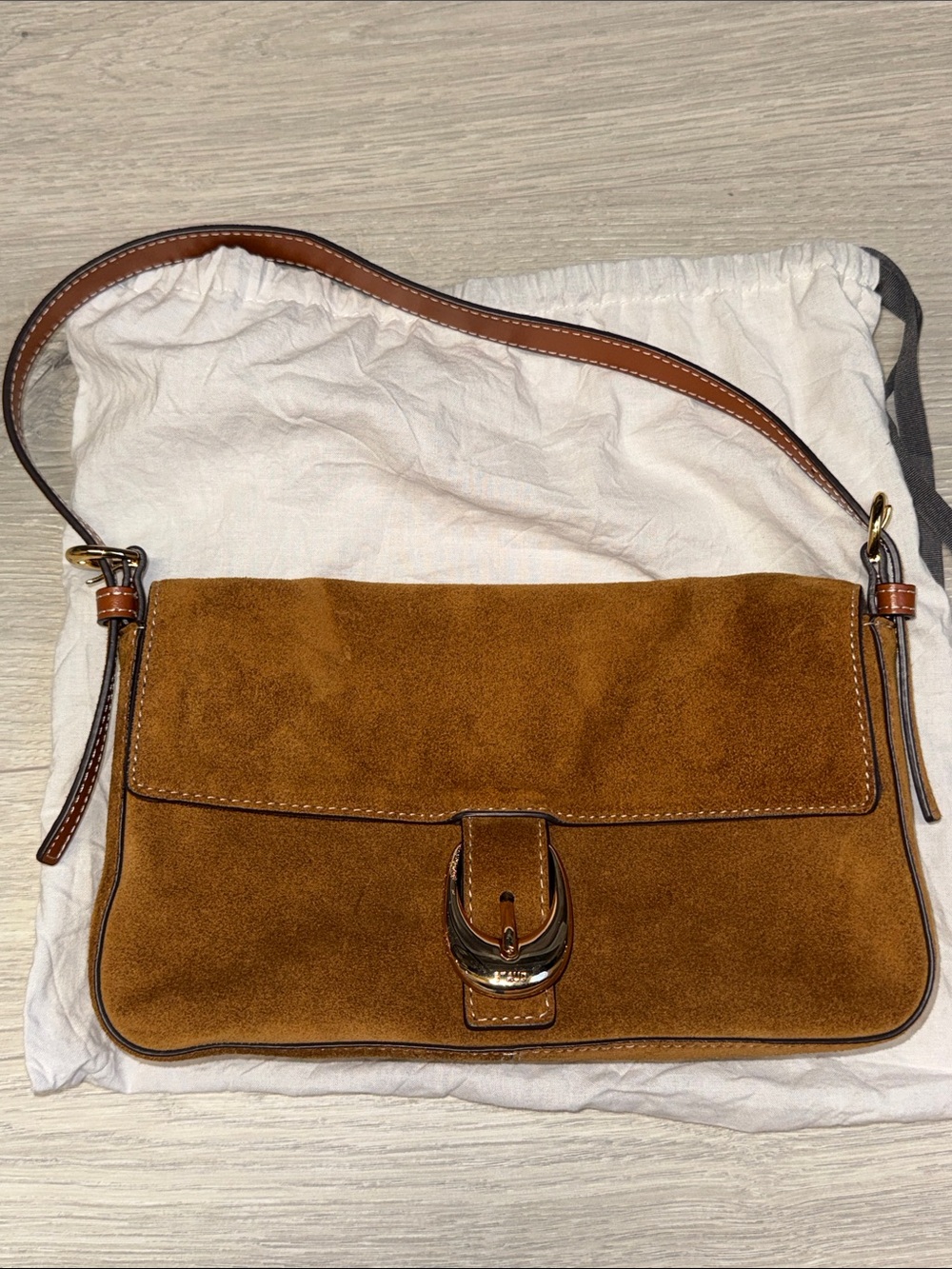 STAUD Suede Shoulder Bag in Brown with Gold Hardware